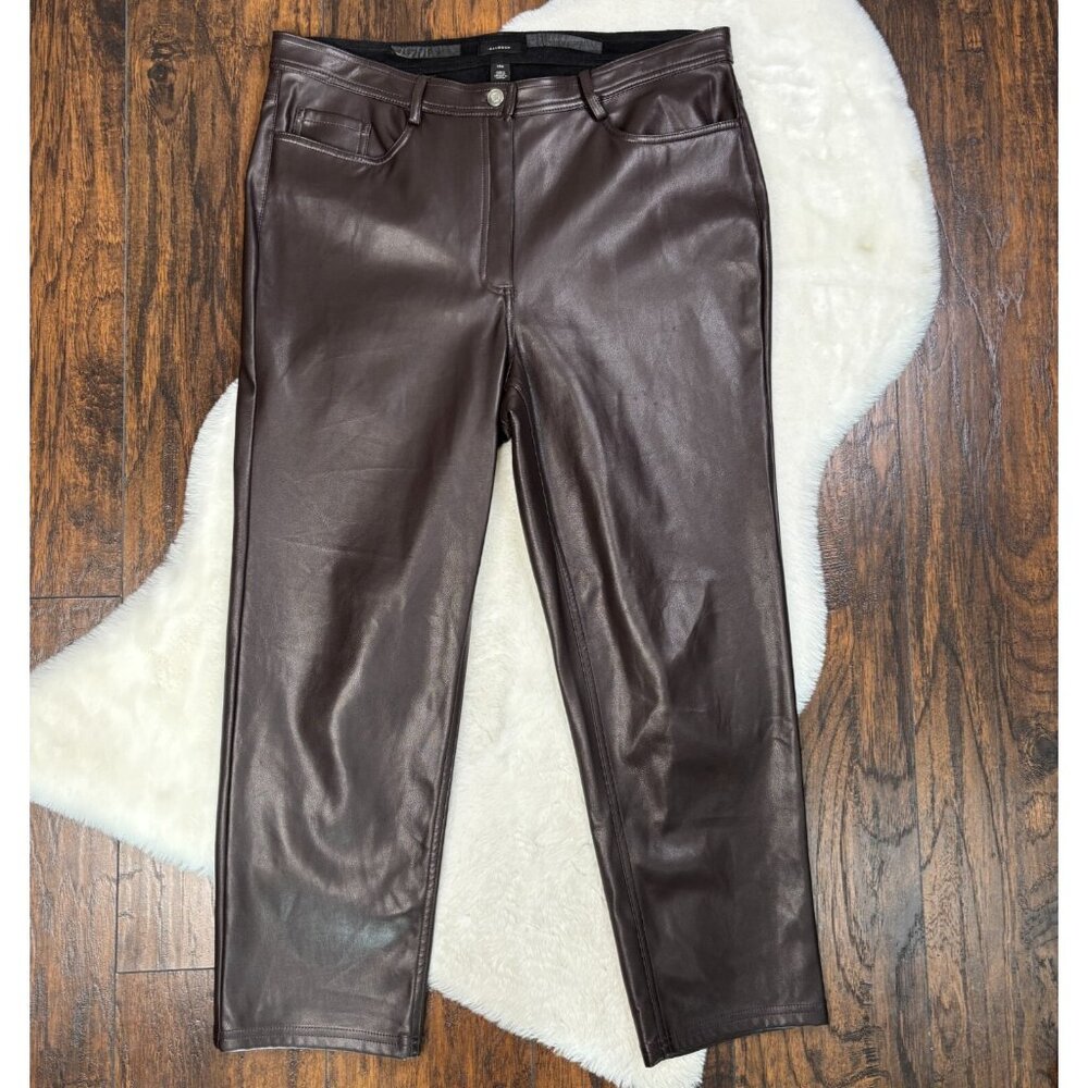 Halogen Faux Leather Pants 14W Straight Leg High-Rise‎ Brown